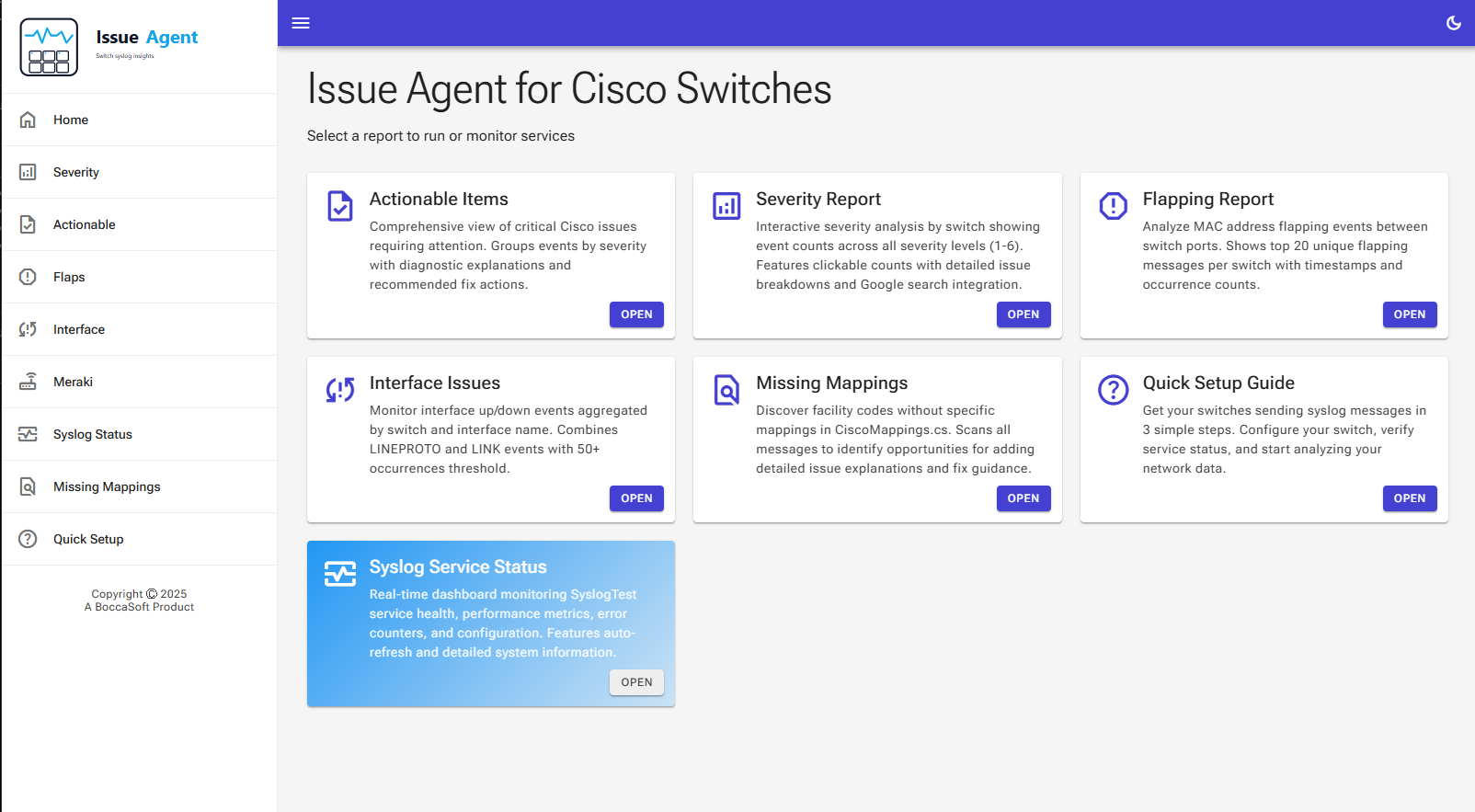 Issue Agent dashboard showing Cisco report options